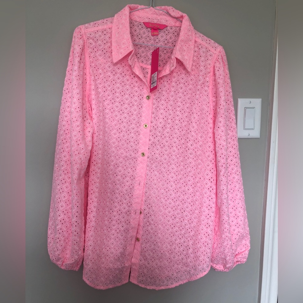 Lilly Pulitzer Sea Breeze Eyelet Button Down Top XL in Pink Blossom